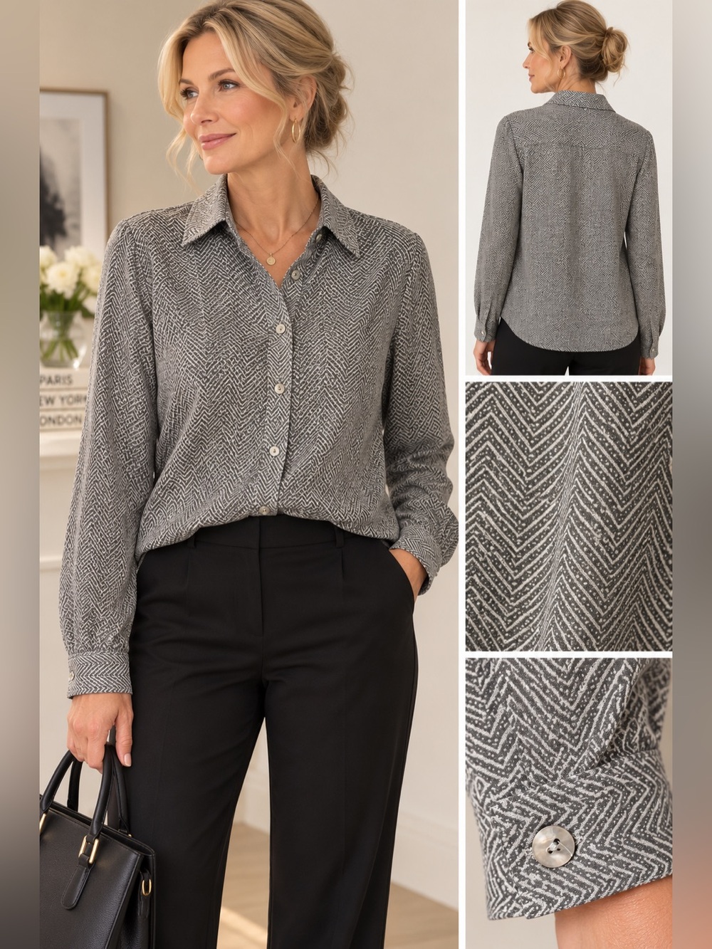 Vintage Gloria Vanderbilt Gray Chevron Button-Front Blouse